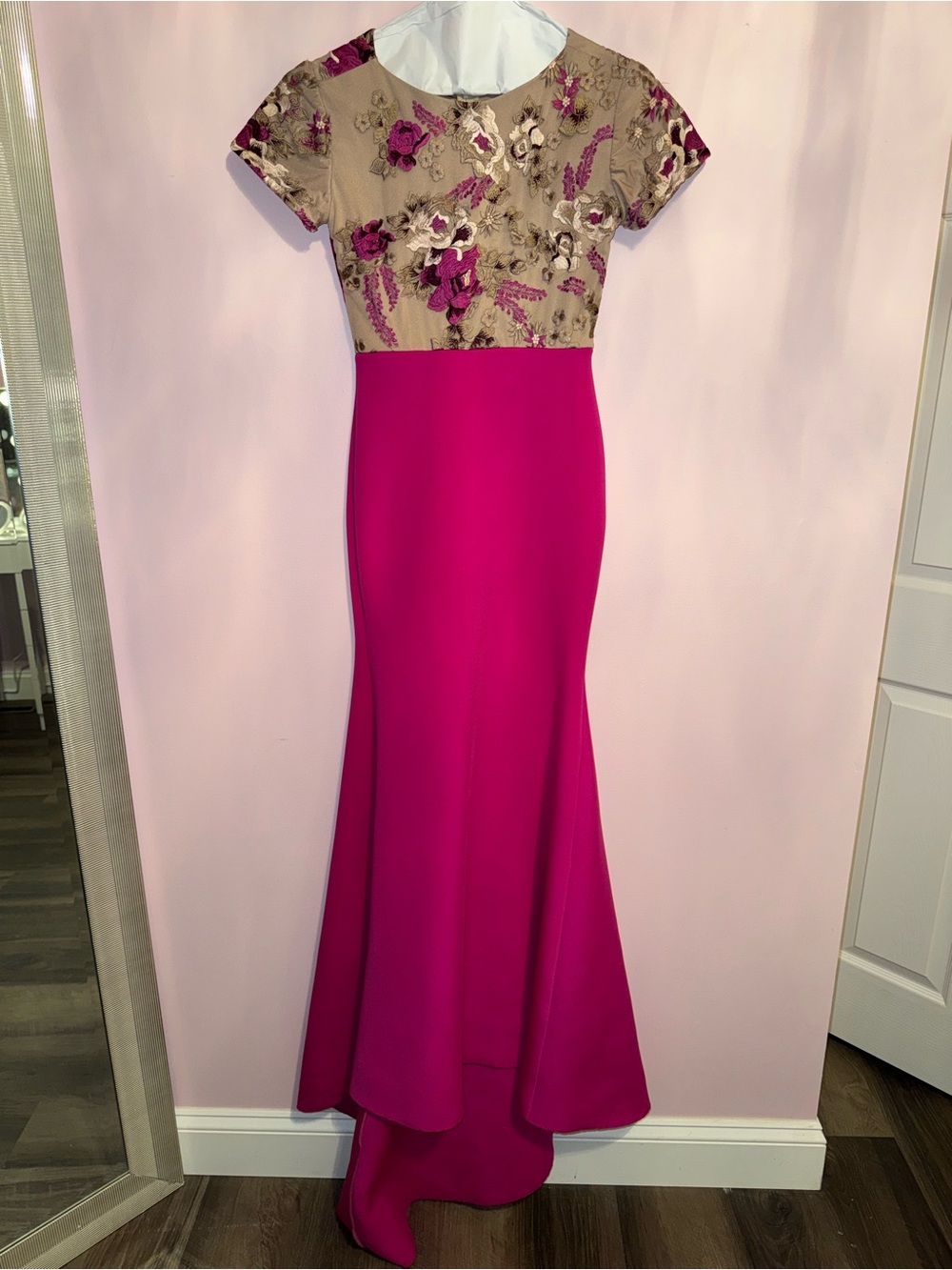 Custom Made Fuchsia Mermaid Gown with Floral Embroidered Bodice